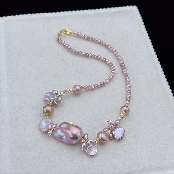 D44 Handmade Freshwater Baroque Pearl Necklace with Flame Ball Pendant - Picture 1 of 8